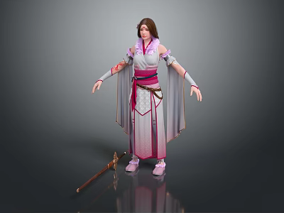 Game Movie Female Character In Traditional Pink White Costume With Flowing Ribbons And Sword 3d model