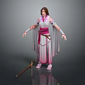 Game Movie Female Character In Traditional Pink White Costume With Flowing Ribbons And Sword
