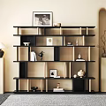 Modern Open Shelves Bookcase in Black and Wooden with Books Photo Frame and Floor Lamp