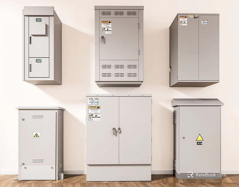 Industrial Metal Electrical Control Cabinets with Lockable Doors Ventilation Grilles and Warning Labels 3d model 