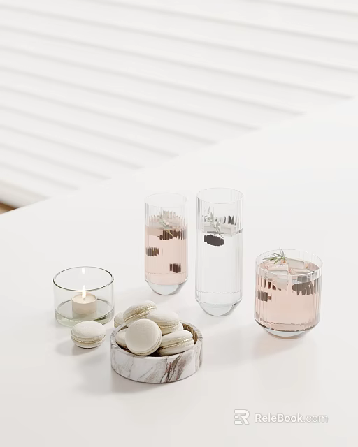 Elegant Modern Decorative Ornament Set With Glassware Candle Macarons And Rosemary Accents 3d model 