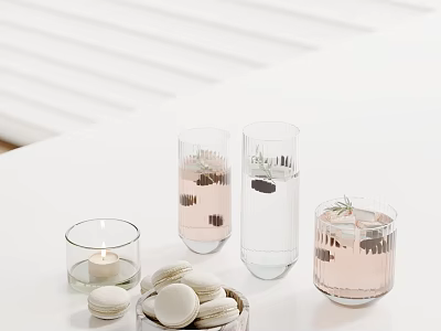 Elegant Modern Decorative Ornament Set With Glassware Candle Macarons And Rosemary Accents 3d model