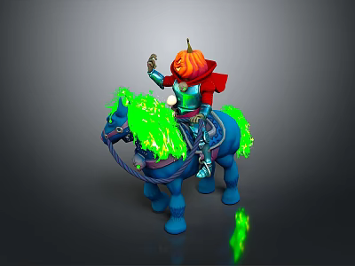 Game Character Pumpkin Head Knight Riding Blue Horse With Green Glowing Mane And Red Cape 3d model