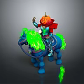 Game Character Pumpkin Head Knight Riding Blue Horse With Green Glowing Mane And Red Cape