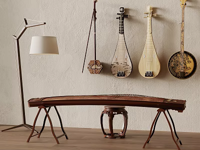 Traditional Chinese Musical Instruments Collection With Guzheng Pipa And String Instruments 3d model