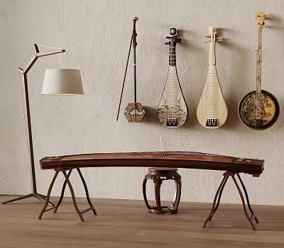Traditional Chinese Musical Instruments Collection With Guzheng Pipa And String Instruments 3d model