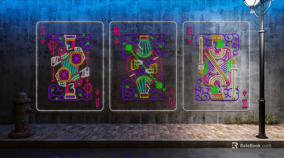 Neon Decorative Lights Featuring Playing Card JQK Patterns on Transparent Panels Blue Wall Brick Floor 3d model 