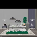 Kids Bed With Cloud Shaped Shelves Green Tree Decor And Leaf Patterned Linens