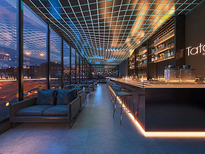 Modern Bar Interior With Grid Ceiling Lighting Large Windows Leather Sofas And Bar Counter 3d model