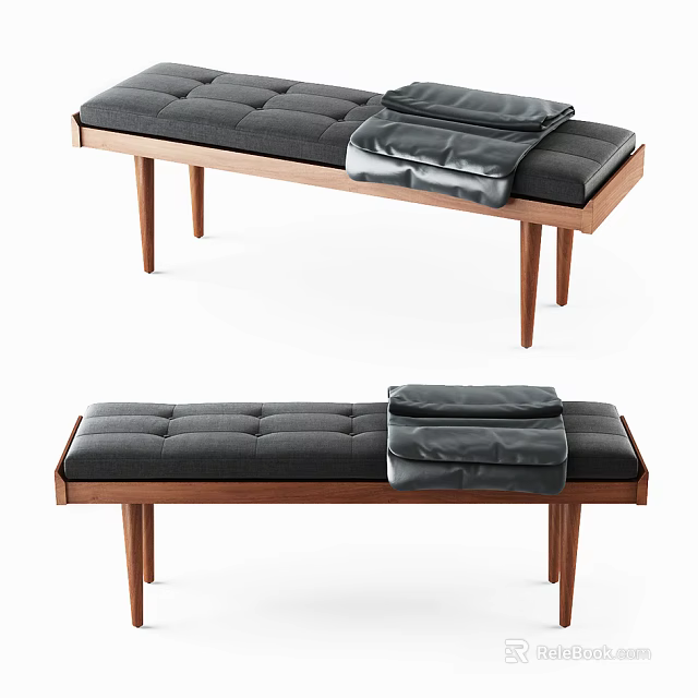 Modern Black Upholstered Sofa Bench With Wooden Legs And Soft Throw 3d model 