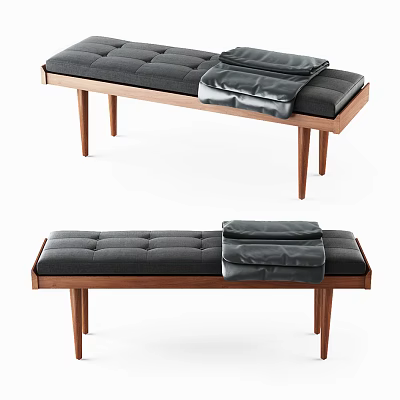 Modern Black Upholstered Sofa Bench With Wooden Legs And Soft Throw 3d model