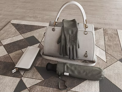 Elegant Gray Leather Handbag With Matching Gloves Wallet And Umbrella On Geometric Rug 3d model