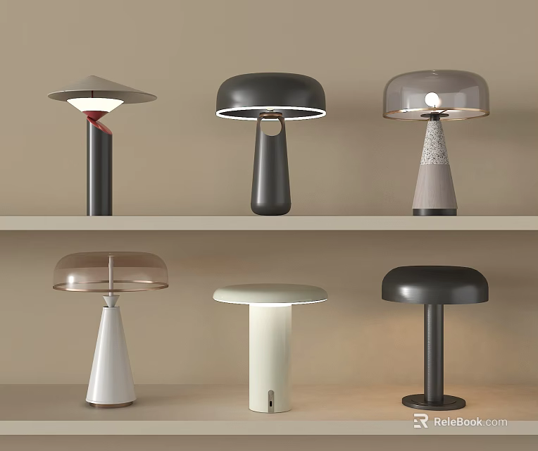 Modern Table Lamps With Various Designs And Different Shapes Placed On Shelf 3d model