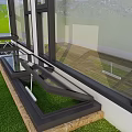 Modern Residential Building Balcony With Large Glass Windows Wooden Flooring Lawn And Mountain View