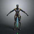 Sci Fi Character And Humanoid Cyborg With Metallic Body Blue Luminous Lines Standing Pose