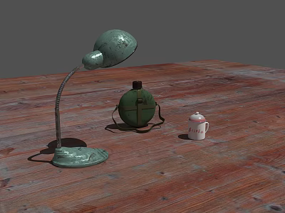 Vintage Green Desk Lamp With Curved Arm On Rustic Wooden Table Surface 3d model