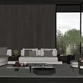 Elegant Modern Living Room Interior With Wooden Wall Gray Sofa Green Plant And Large Windows