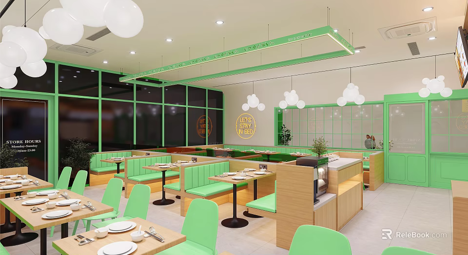 Modern Restaurant Interior With Green Chairs Wooden Tables White Pendant Lights And Glass Partitions 3d model 