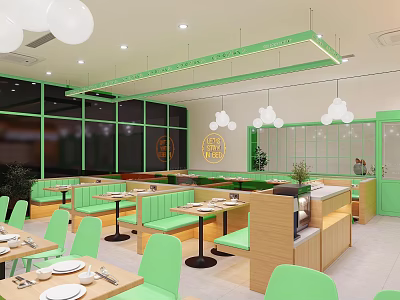 Modern Restaurant Interior With Green Chairs Wooden Tables White Pendant Lights And Glass Partitions 3d model