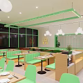 Modern Restaurant Interior With Green Chairs Wooden Tables White Pendant Lights And Glass Partitions