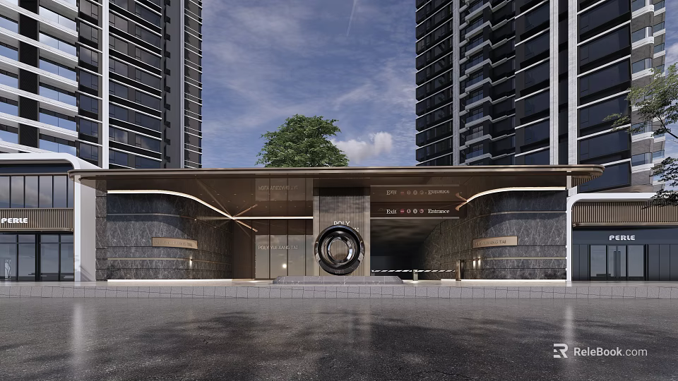 Modern High Rise Building Entrance With Circular Decorative Feature And Lush Tree 3d model 