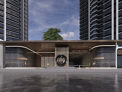 Modern High Rise Building Entrance With Circular Decorative Feature And Lush Tree 3d model