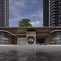 Modern High Rise Building Entrance With Circular Decorative Feature And Lush Tree