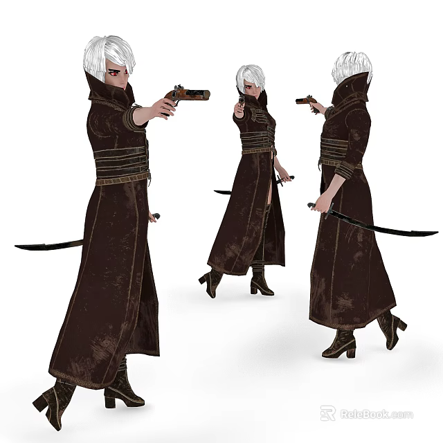 Stylish Game And Movie Character With White Hair Dark Brown Robe Holding Gun And Sword 3d model 