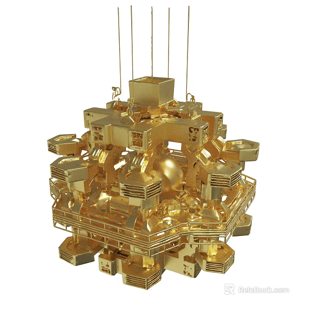 Golden Sculptural Decorative Artwork With Geometric Structure And Hanging Components 3d model