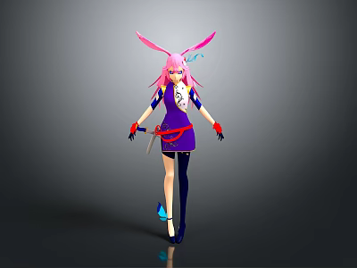 Cartoon Character With Pink Hair Rabbit Ears Purple Outfit Black Stockings Blue Shoes Standing Pose 3d model