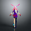 Cartoon Character With Pink Hair Rabbit Ears Purple Outfit Black Stockings Blue Shoes Standing Pose