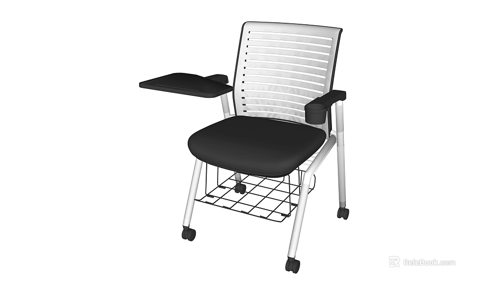 Ergonomic Office Chair With Black Cushion Striped Backrest Armrest Tray Wheels And Storage Basket 3d model 