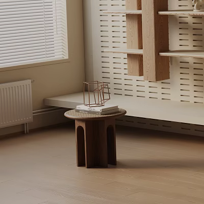 Unique Wooden Side Table With Curved Legs In Room With Shelves Blinds And Light Floor 3d model