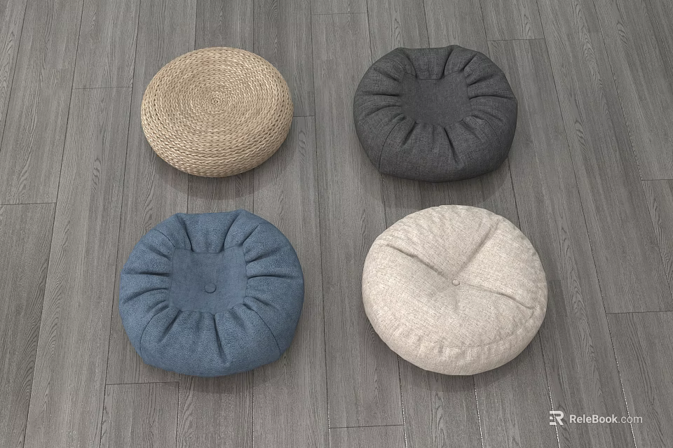 Four Round Decorative Floor Cushions In Woven And Fabric Materials With Assorted Colors 3d model 