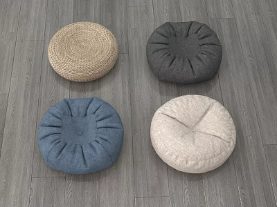 Four Round Decorative Floor Cushions In Woven And Fabric Materials With Assorted Colors 3d model