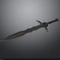 Ornate Metallic Sword With Engraved Blade Red Handle And Decorative Guard