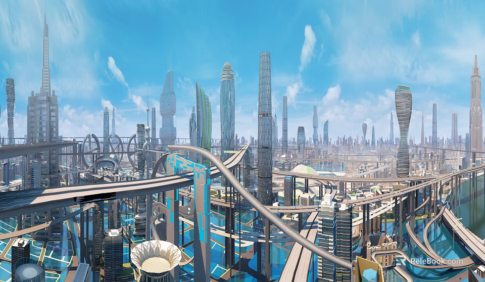 Futuristic City Architecture With Tall Skyscrapers Aerial Bridges And Blue Sky 3d model 