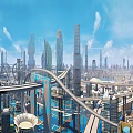 Futuristic City Architecture With Tall Skyscrapers Aerial Bridges And Blue Sky