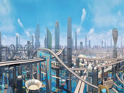 Futuristic City Architecture With Tall Skyscrapers Aerial Bridges And Blue Sky 3d model