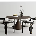 Round Walnut Dining Table Set with Four Black Framed White Cushioned Chairs and Vase 3d model