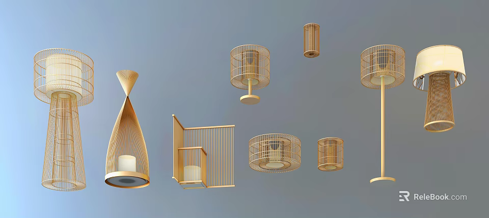 Modern Minimalist Lighting Set With Wooden Metal Frames And Various Lamp Designs For Home Decor 3d model 