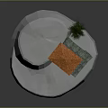 Two Story House With Orange Roof And Pine Tree Near White Platform With Figure