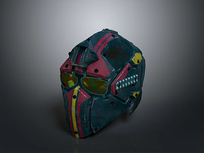 Combat Weapon Helmet With Red Blue Yellow Accents Green Goggle Lenses And Metal Bolt Design 3d model