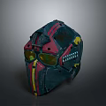 Combat Weapon Helmet With Red Blue Yellow Accents Green Goggle Lenses And Metal Bolt Design