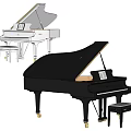 Elegant Black and White Grand Pianos with Matching Benches and Music Sheets