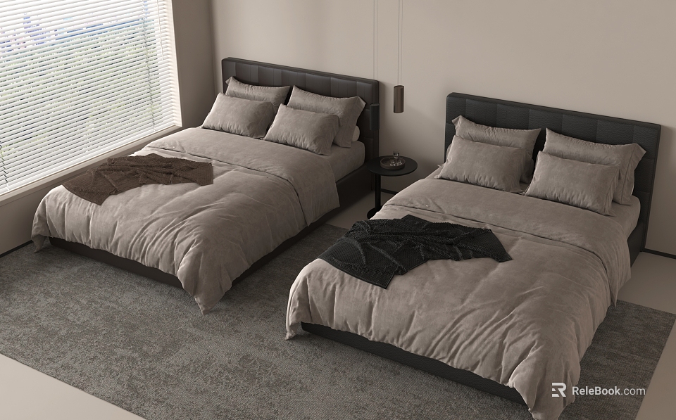 Modern Bedroom With Two Double Beds Black Headboards Velvet Bedding And Window Blinds 3d model 
