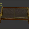 Vintage Wooden Bench With Woven Armrests Gray Fabric Backrest And Upholstered Seat
