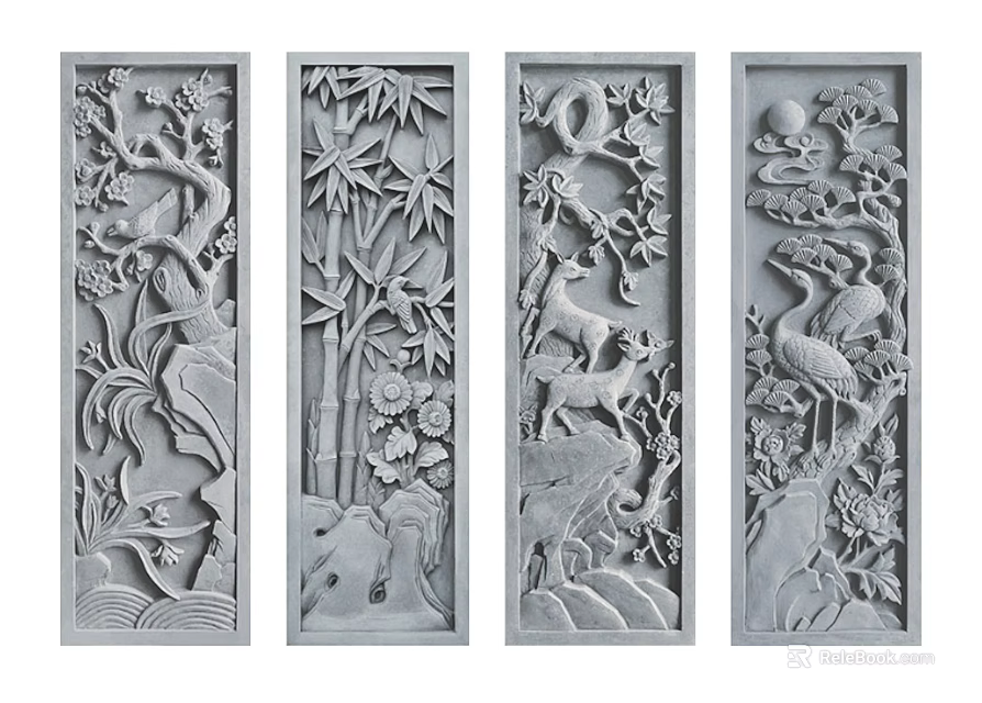 Intricate Carved Decorative Panels With Floral Animal Bamboo And Crane Designs 3d model 