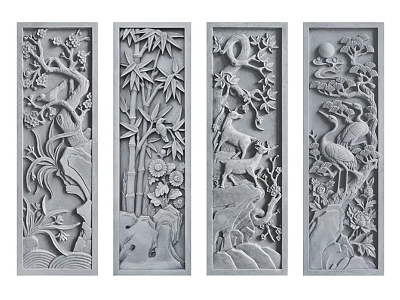 Intricate Carved Decorative Panels With Floral Animal Bamboo And Crane Designs 3d model