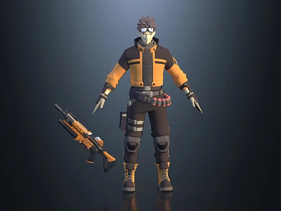 3D Rendered Game Movie Character in Orange Black Jacket Goggles Tactical Gear and Dark Background 3d model